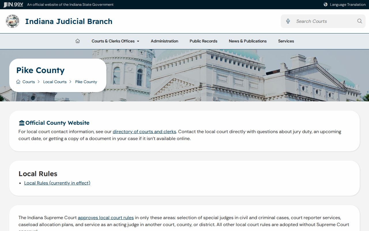 Pike County warrant records page from the Indiana Judicial Branch